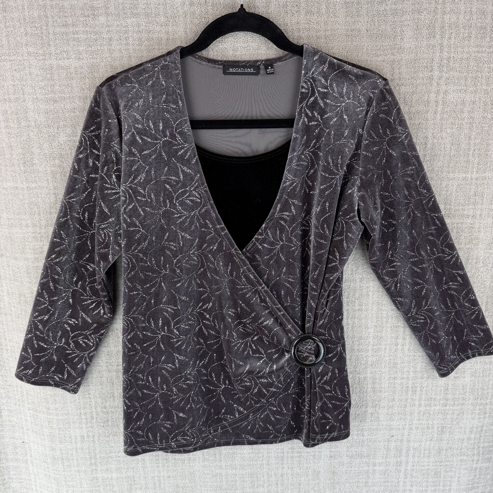 Notations Blouse Womens S Gray Tunic V-Neck 3/4 Sleeve Glitter Buckle Hawaiian
